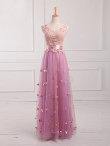 Lace and Appliques Quinceanera Dama Dress Lilac Lace Up Sleeveless Floor Length