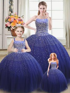 Ball Gowns Quinceanera Dresses Royal Blue Strapless Tulle Sleeveless Floor Length Lace Up