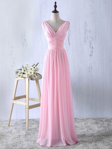Discount Baby Pink Sleeveless Ruching Floor Length Dama Dress