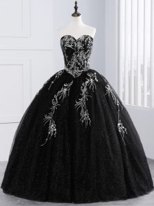 Floor Length Ball Gowns Sleeveless Black Quince Ball Gowns Lace Up