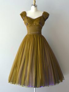 Olive Green Chiffon Lace Up V-neck Cap Sleeves Knee Length Dama Dress for Quinceanera Ruching