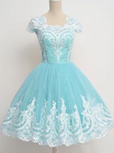 Aqua Blue Court Dresses for Sweet 16 Prom and Party and Wedding Party with Lace Square Cap Sleeves Zipper