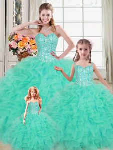 Nice Turquoise Sweetheart Lace Up Beading and Ruffles Quince Ball Gowns Sleeveless