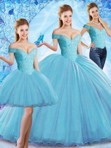 Sweep Train Three Pieces 15 Quinceanera Dress Baby Blue Off The Shoulder Organza Sleeveless Lace Up
