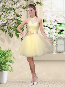 Flirting Knee Length A-line Sleeveless Light Yellow Court Dresses for Sweet 16 Lace Up