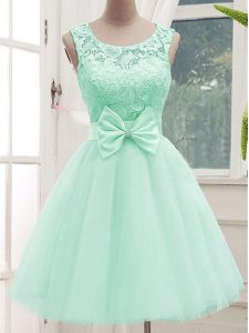 Dramatic Apple Green A-line Lace and Bowknot Damas Dress Lace Up Tulle Sleeveless Knee Length