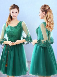 Lace and Appliques Quinceanera Dama Dress Green Lace Up 3 4 Length Sleeve Knee Length