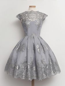Glamorous Tulle Cap Sleeves Tea Length Damas Dress and Lace