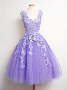 Custom Design V-neck Sleeveless Quinceanera Court Dresses Knee Length Lace Lavender Tulle