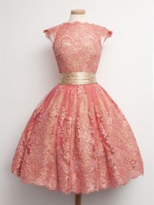 Captivating Cap Sleeves Knee Length Belt Lace Up Quinceanera Court of Honor Dress with Watermelon Red