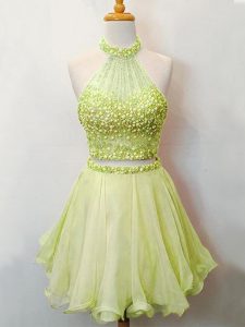 Hot Sale Organza Halter Top Sleeveless Lace Up Beading Vestidos de Damas in Yellow Green