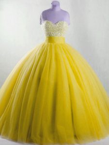 Yellow Ball Gowns Strapless Sleeveless Tulle Floor Length Lace Up Beading Sweet 16 Dresses