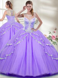 Graceful Lavender Sleeveless Tulle Zipper Quince Ball Gowns for Military Ball and Sweet 16 and Quinceanera