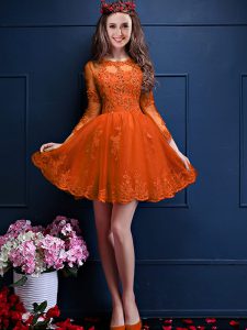 Fashion Orange Red Scalloped Neckline Beading and Lace and Appliques Dama Dress for Quinceanera 3 4 Length Sleeve Lace Up