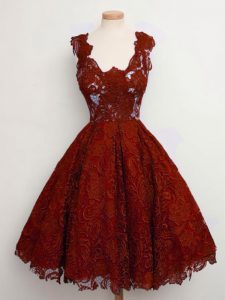 Rust Red Sleeveless Lace Knee Length Quinceanera Court Dresses