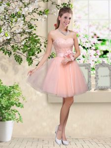 Knee Length Peach Court Dresses for Sweet 16 Tulle Sleeveless Lace and Belt