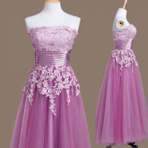 On Sale Empire Quinceanera Dama Dress Lilac Strapless Tulle Sleeveless Tea Length Lace Up