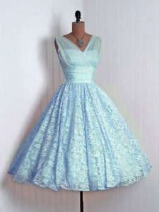 A-line Quinceanera Court of Honor Dress Baby Blue V-neck Lace Sleeveless Mini Length Lace Up
