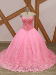 Ball Gowns Sleeveless Rose Pink Quinceanera Dress Brush Train Lace Up