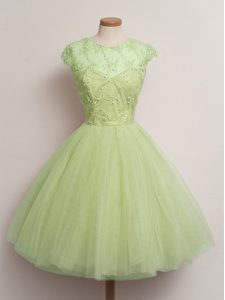 Sweet Scoop Cap Sleeves Lace Up Quinceanera Court of Honor Dress Yellow Green Tulle