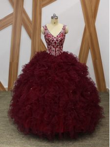 Sleeveless Floor Length Beading and Ruffles Backless 15th Birthday Dress with Burgundy