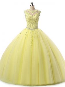 Deluxe Yellow Ball Gowns Beading and Lace Quinceanera Gowns Lace Up Tulle Sleeveless Floor Length