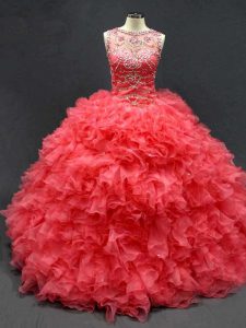 Elegant Organza Scoop Sleeveless Lace Up Beading and Ruffles Quinceanera Dresses in Coral Red