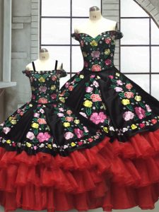 Great Embroidery and Ruffled Layers Quinceanera Dress Red And Black Lace Up Sleeveless Floor Length