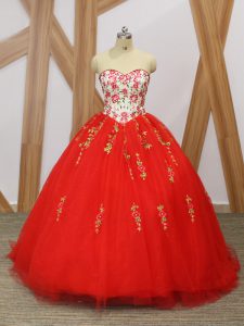 Adorable Sweep Train Ball Gowns Quinceanera Dress Red Sweetheart Tulle Sleeveless Lace Up