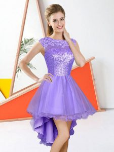 Captivating High Low Backless Quinceanera Dama Dress Lavender for Prom and Party with Beading and Lace