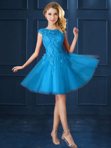 Fashionable Baby Blue Lace Up Court Dresses for Sweet 16 Lace and Belt Cap Sleeves Knee Length