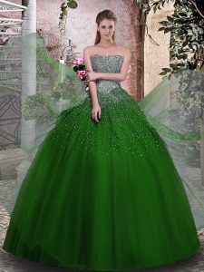 Green Lace Up Strapless Beading Sweet 16 Dresses Tulle Sleeveless