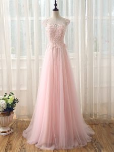 Baby Pink Quinceanera Dama Dress Prom and Party and Wedding Party with Beading and Lace Scoop Cap Sleeves Brush Train Zipper