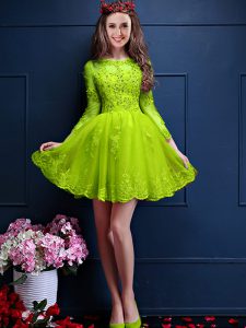 Flirting 3 4 Length Sleeve Mini Length Beading and Lace and Appliques Lace Up Quinceanera Dama Dress with Yellow Green