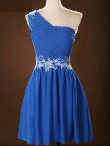 Low Price Chiffon One Shoulder Sleeveless Zipper Appliques and Ruching Quinceanera Court Dresses in Blue