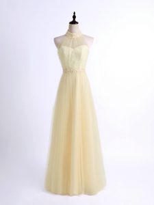 Most Popular Light Yellow Empire Halter Top Sleeveless Tulle Floor Length Lace Up Lace and Appliques Dama Dress