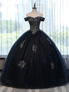 Fancy Off The Shoulder Sleeveless Sweet 16 Quinceanera Dress Floor Length Appliques Navy Blue Tulle
