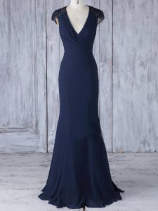New Style Navy Blue Mermaid Chiffon V-neck Cap Sleeves Lace Floor Length Side Zipper Dama Dress for Quinceanera