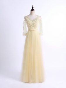 Light Yellow Half Sleeves Floor Length Lace Lace Up Damas Dress