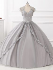 Delicate Straps Sleeveless Lace Up Ball Gown Prom Dress Grey Tulle