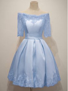 Classical Light Blue Taffeta Lace Up Damas Dress Half Sleeves Knee Length Lace