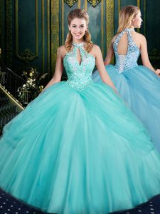Sweet Aqua Blue Tulle Lace Up Sweet 16 Quinceanera Dress Sleeveless Floor Length Beading and Pick Ups