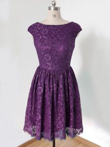 Elegant Dark Purple Lace Up Quinceanera Court of Honor Dress Lace Sleeveless Knee Length