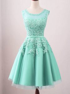 Hot Sale A-line Quinceanera Dama Dress Turquoise Scoop Tulle Sleeveless Knee Length Lace Up