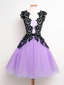 Gorgeous Lavender Sleeveless Knee Length Lace Lace Up Dama Dress for Quinceanera