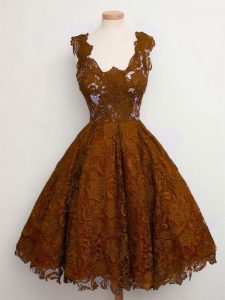 Graceful Sleeveless Lace Knee Length Lace Up Quinceanera Court of Honor Dress in Brown with Lace