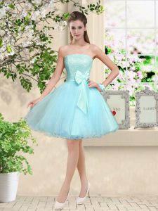 Excellent Sleeveless Organza Knee Length Lace Up Quinceanera Dama Dress in Aqua Blue with Lace and Belt