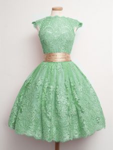 Smart Green Vestidos de Damas Prom and Party and Wedding Party with Belt High-neck Cap Sleeves Lace Up