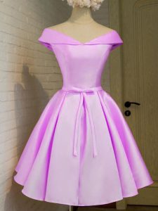 Lilac Cap Sleeves Knee Length Belt Lace Up Damas Dress