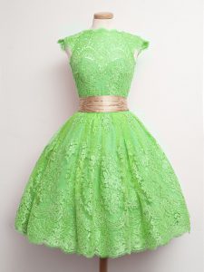 Green Dama Dress Prom and Party and Wedding Party with Belt High-neck Cap Sleeves Lace Up